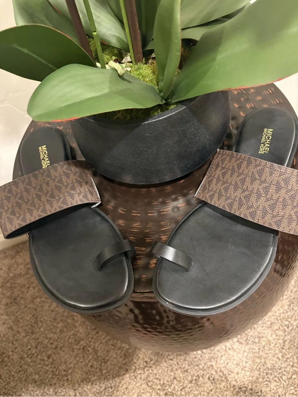New MICHAEL Michael Kors August Brown and Black MK Logo Slide Sandals 9